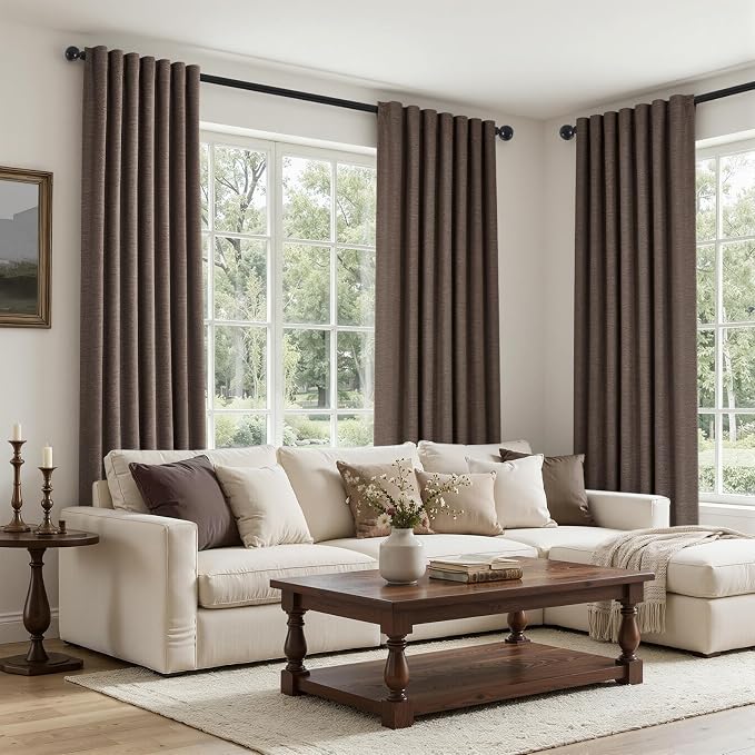 Topfinel 92 Inch Linen Blackout Curtains for Bedroom Living Room 2 Panels Memory Trained 100% Black Out Soundproof Room Darkening Back Tab Window Curtains Dark Brown