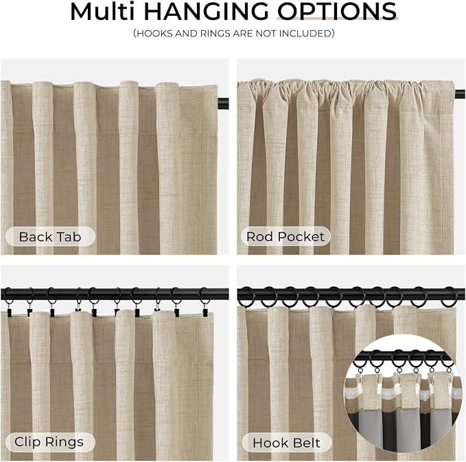 INOVADAY 100% Blackout Curtains 96 Inches Length 2 Panels Set, Back Tab/Rod Pocket Linen Black Out Curtains for Bedroom, Thermal Insulated Window Drapes - Natural Flax, W50 X L96
