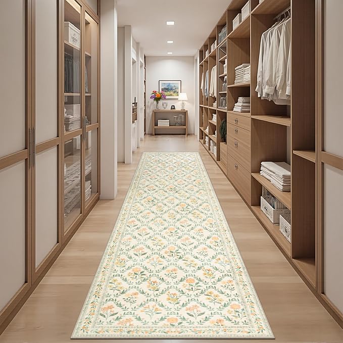 Runner Rug for Entryway: 3x10 Kitchen Rugs Non Slip Washable Ultra-Thin Soft Floral Carpet Indoor Floor Stain Resistant Carpets for Hallway Bedroom Kitchen Laundry Bathroom Dorm Beige/Multi