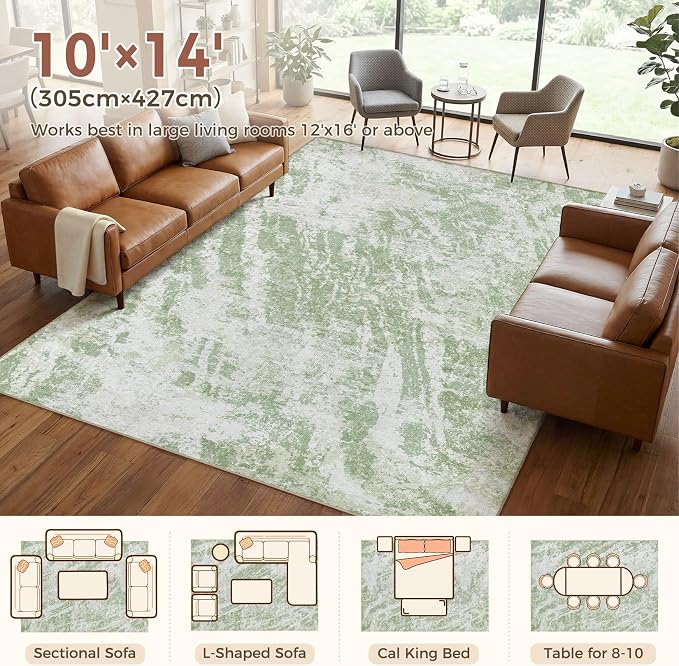DMOYEST 10x14 Washable Area Rug: Abstract Modern Non-Slip Carpet, Soft Low Pile Indoor Neutral Easy Clean Floor Rugs for Living Room Bedroom Dining Room Kids & Pets - Green