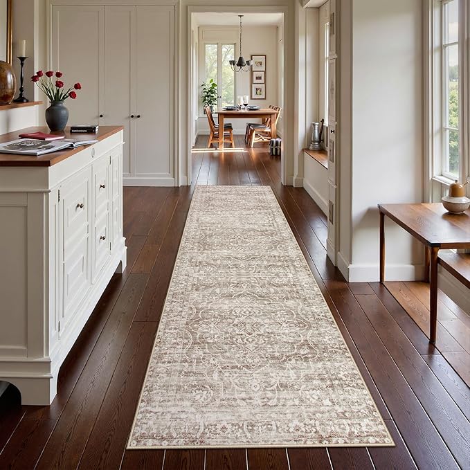 Lahome Runner Rug for Hallway 2.5x10, Washable Kitchen Runner Rugs | Ultra-Thin Non Slip, Neutral Boho Print Long Farmhouse Indoor Carpet Runner for Entryway 10ft Aube (Taupe, 2'5''x10')