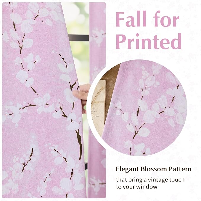 FMFUNCTEX 100% Blackout Pink Floral Curtains 96 Inch Grommet 2 Panels | Black Out Drapes,Thermal Insulated Cottage Farmhouse,Blossom Patterned Extra Long Curtain for Bedroom,Living Room Darkening