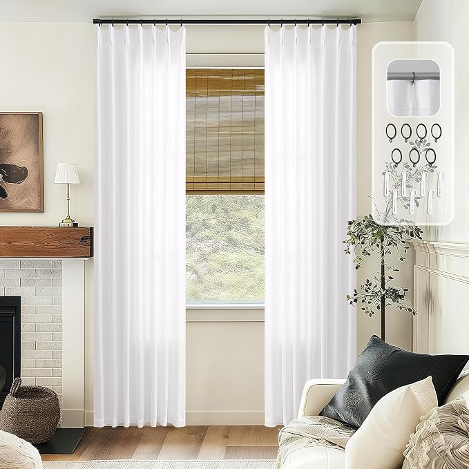 White Pinch Pleated Linen Curtains 96 Inches Long Semi Sheer Privacy