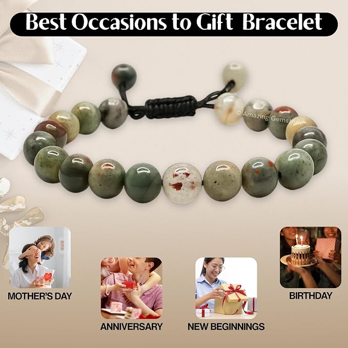 Amazing Gemstone African Bloodstone Bracelet for Women Men's Gifts - Protection Healing Crystal Bracelet - 8mm Gemstone Beaded Adjustable Bracelet Pulseras para Hombres Mujer Stocking Stuffers