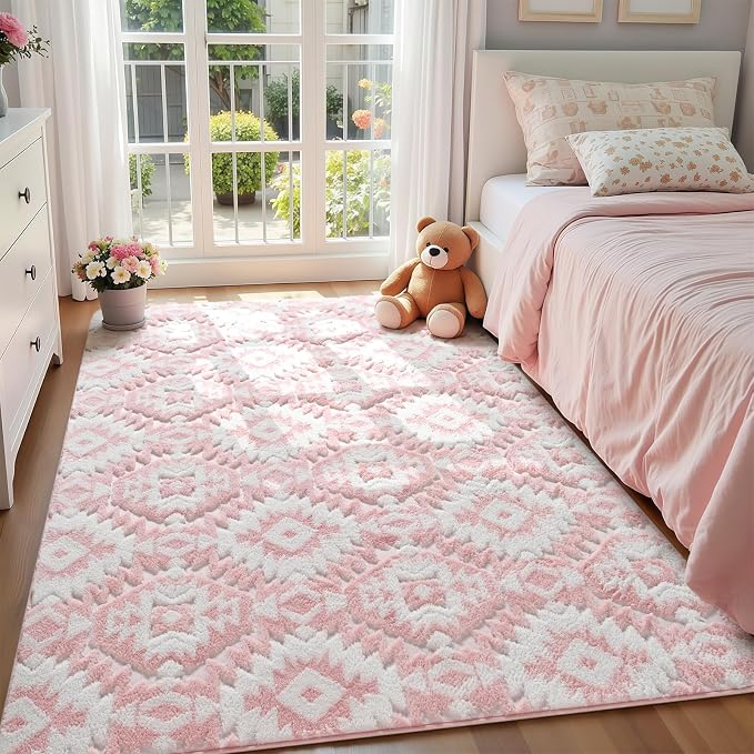 Macgace Soft Area Rug for Girls Bedroom, 4x6 Pink and White Shag Rugs | Washable Non-Slip Backing Medium Pile Modren Geometric Fuzzy Carpet for Kids Room, Classroom, Living Room, Dorm
