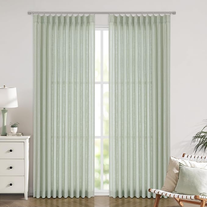 Vision Home Light Green Pinch Pleated Semi Sheer Curtains Textured Linen Blended Light Filtering Window Curtains 108 inch for Living Room Bedroom Patio Pinch Pleat Drapes with Hooks 9FT 60" Wx108 Lx1