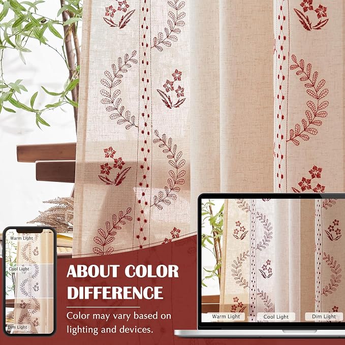 jinchan Floral Linen Curtains 63 Inch Back Tab 2 Panels Burgundy Red | Embroidered curtains,boho curtains,living room,bedroom,light filtering,privacy,flower patterned drapes,window treatment