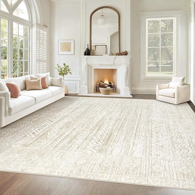 Living Room Rugs 9x12: Washable Moroccan Geometric Boho Rug Farmhouse Non Slip Stain Resistant Large Rug Low Pile Soft Carpet for Bedroom Dining Room Kids Room (Ivory Beige,9'x12')