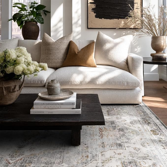 AMOAMI-Area Rug 5X7 Rugs for Living Room-Vintage Soft Grey Rugs for Bedroom-Non Slip Carpet-Machine Washable Rug for Dining Room Living Room Bedroom Office Under Table