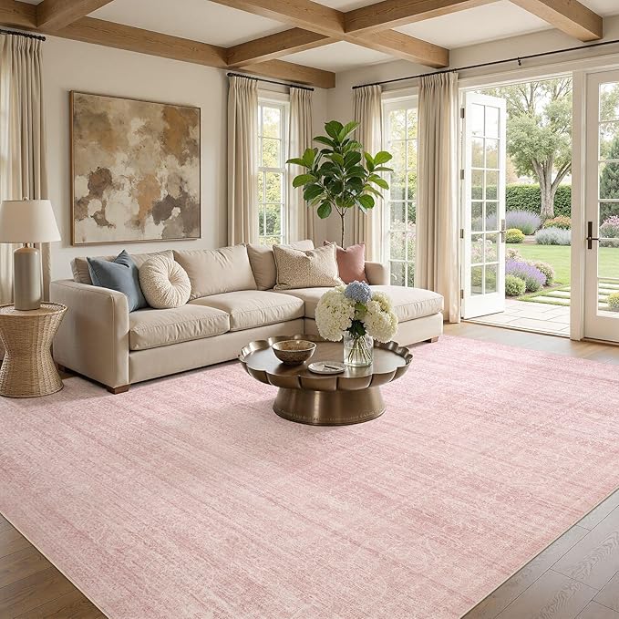 Nakagishi 7x9 Area Rugs Living Room: Washable Large Vintage Rug Neutral Non-Slip Soft Stain Resistant Indoor Carpet for Bedroom Nursery Dining Room Office Playroom - Pink