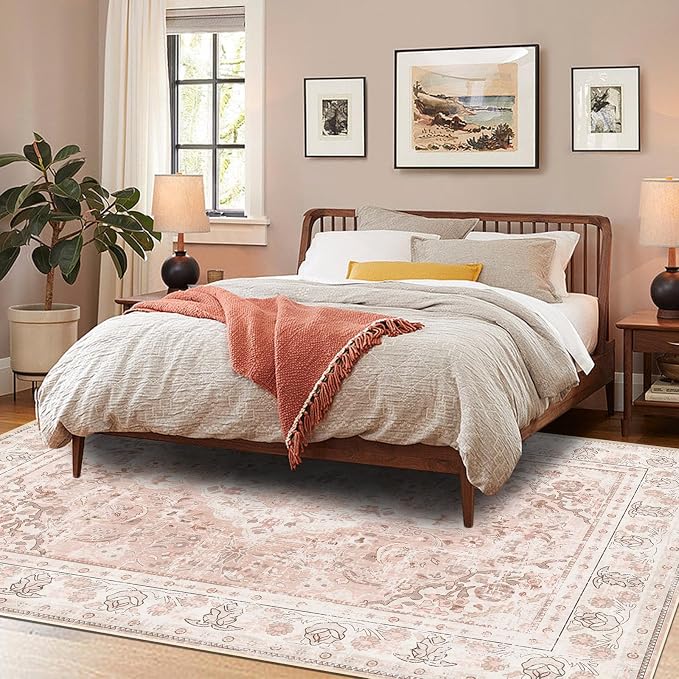 Vhong Area Rugs Boho Washable Vintage Modern Dusty Pink Large Carpet 8×10 Rugs for Dinning Room Living Room Bedroom Girls' Room Nursery Room Non Slip