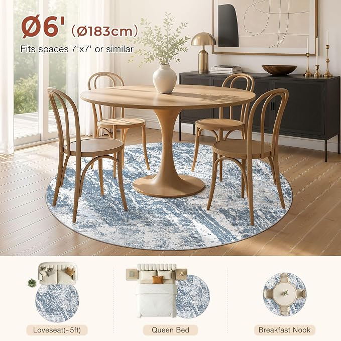 DMOYEST 6ft Round Washable Area Rug for Living Room: Modern Abstract Neutral Circle Carpet, 6x6 Soft Low Pile Non-Slip Floor Mat for Bedroom Under Dining Table, Kids & Pet - Blue