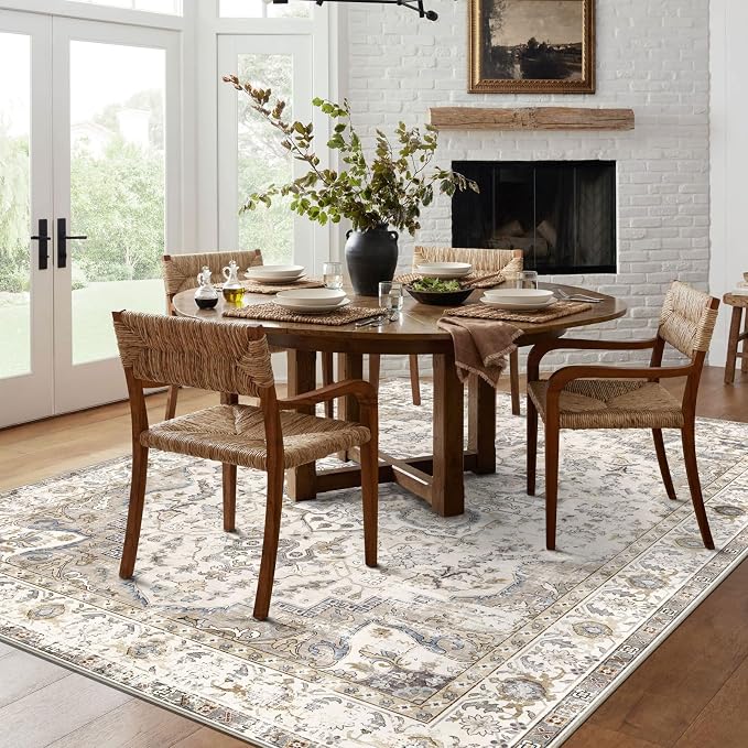 LUXRUG Washable Area Rug 8x10 - Large Cream Boho Rugs for Living Room Soft Vintage Bedroom Rug Ultra-Thin Farmhouse Oriental Distressed Carpet Non Slip Rug for Dining Room Guest Room Home Decor