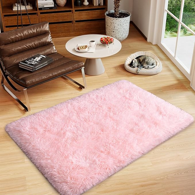 Dssimo Super Fluffy Runner Rug for Bedroom, Modern Shag Pink Area Rugs, Soft Plush Throw Carpet for Kids,Girls Boys and Teens Bedside Room Decor for Living Room Dorm Nursery Classroom, 2x4 Feet