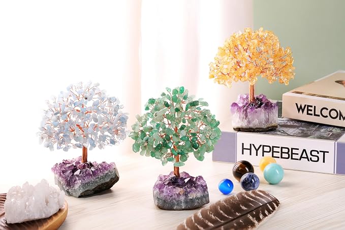 Jovivi Natural Citrine Healing Crystal Money Tree on Amethyst Cluster Geode Druzy Base Feng Shui Crystals for Home Office Desk Decorations, Wealth, Good Luck