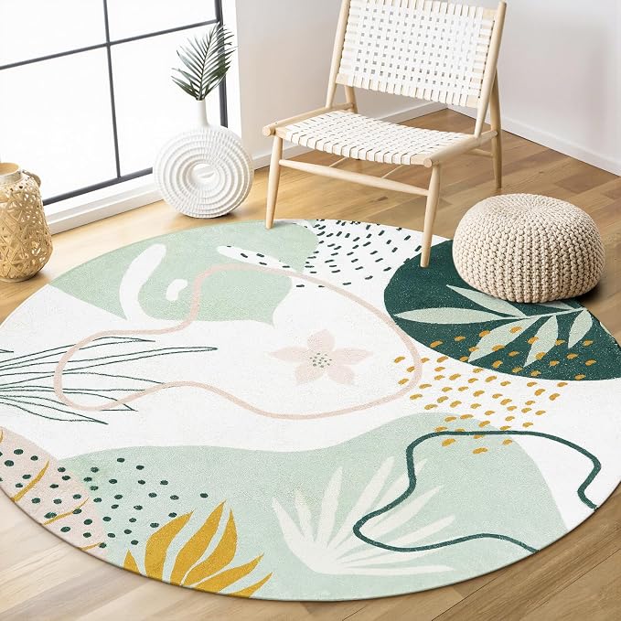 Lahome Boho Round Rugs - 4Ft Washable Non-Slip Small Round Area Rug Throw Soft Cute Round Nursery Rug Non-Shed Lightweight Bathroom Rug, Green Botanical Print Circle Rug for Bedroom Dorm Kids Room