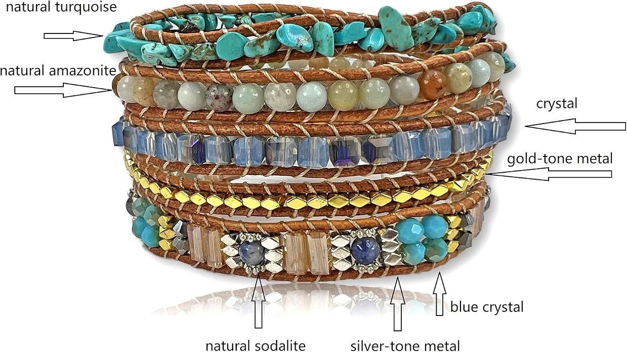 MGR MY GEMS ROCK! 35-Inch Long Multi-Layer Hand Crafted Gemstone and Crystal Multi-Stone Beaded on Genuine Leather Boho Style Stackable Super Wrap Bracelet, up to 5 Wraps.