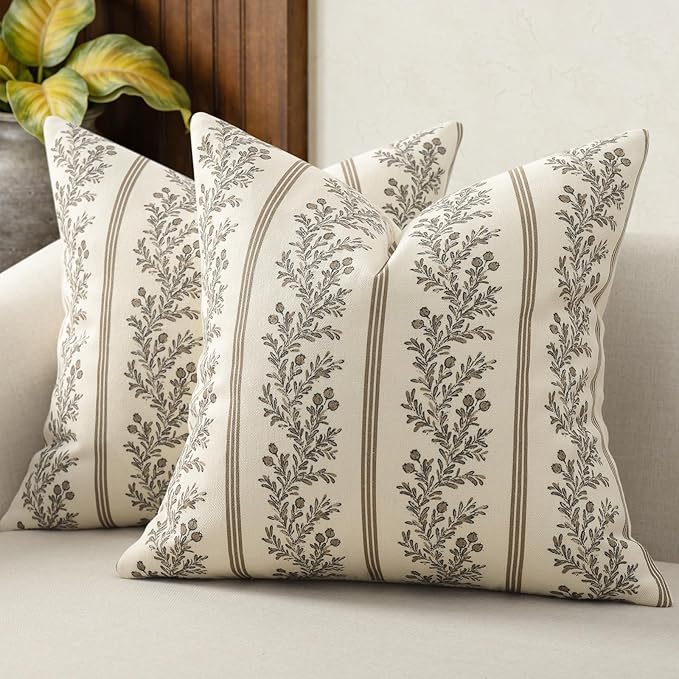 Vintage Throw Pillow Covers 18x18 Set of 2, Striped Floral Pillow Cover Botanical Patterned Decorative Cushion Covers Modern Farmhouse Home Decor for Sofa Couch Bed Living Room, Chocolate