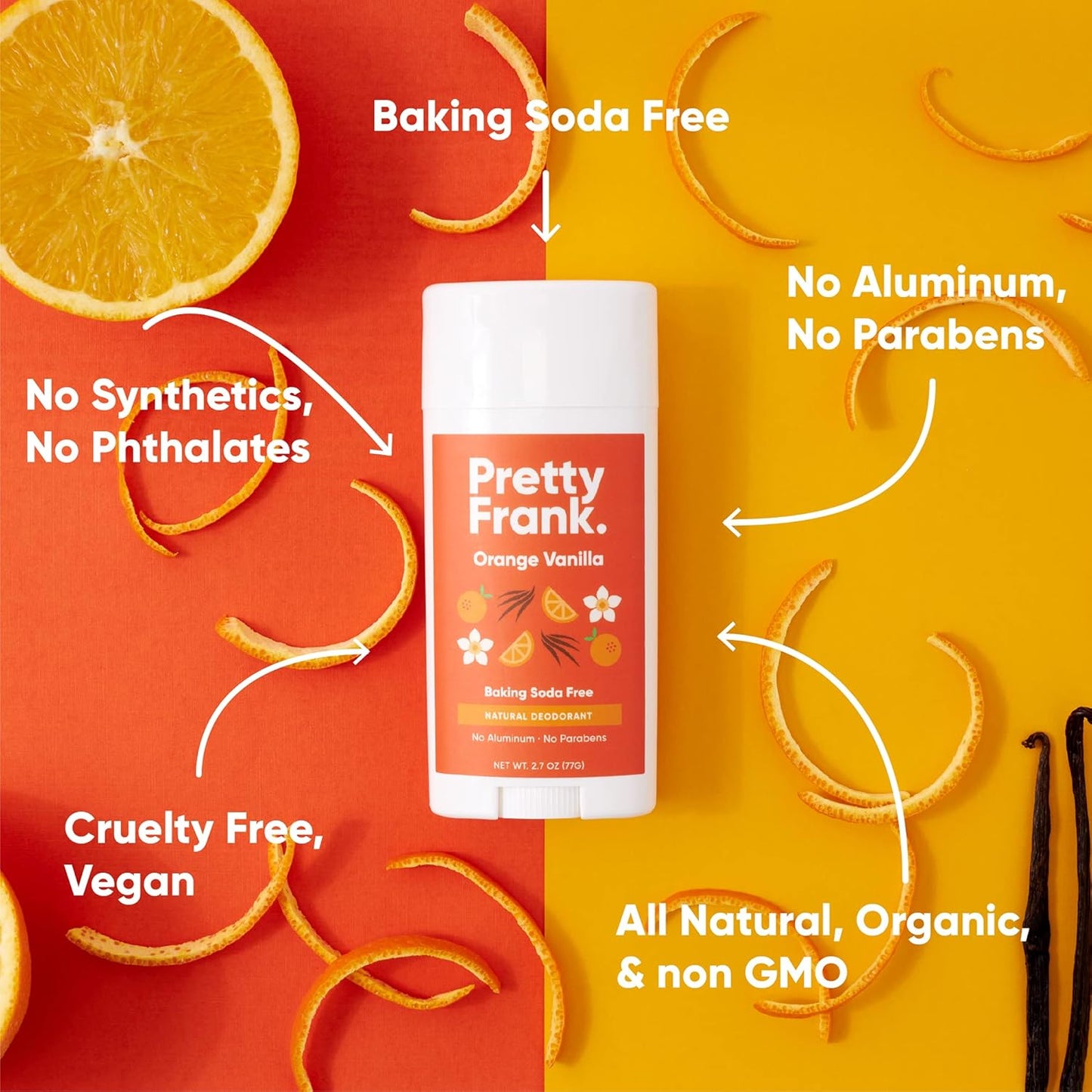 Pretty Frank Natural Aluminum-Free Deodorant Stick, Baking Soda-Free, Orange Vanilla (2-Pack) | Sensitive Skin Friendly, Effective Odor Control for Women & Men, Organic Ingredients and Essential Oils
