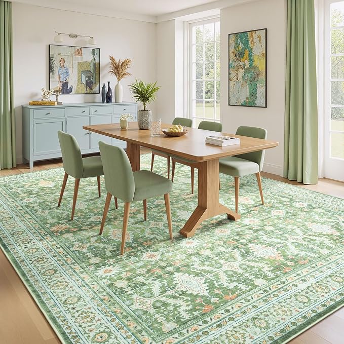 Lessymo 5x7 Washable Area Rug with Non Slip Backing,Soft Boho Indoor Carpets for Living Room Bedroom Nursery, Kid and Pet Friendly, Light Green