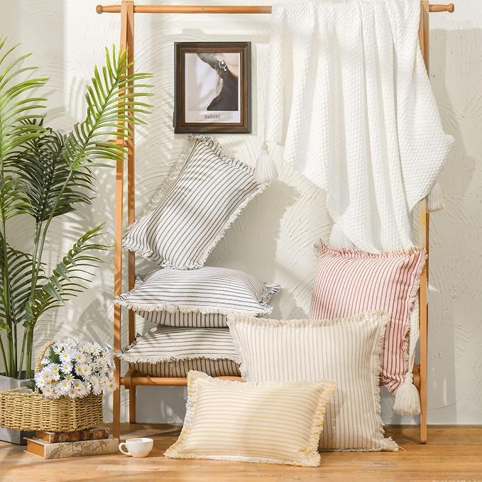 ZWJD Throw Pillow Covers 24x24 Set of 2 Striped Pillow Covers with Fringe Chic Cotton Decorative Pillows Square Cushion Covers for Sofa Couch Bed Living Room Farmhouse Decor, (Gray)