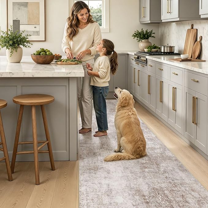 Washable Runner Rug 3x8, Non Slip Neutral Area Rug for Hallway | Modern Abstract Carpet, Stain Resistant and Kid & Pet Friendly, Made for Kitchen, Entryway, Laundry, Kitchen, Indoor - Brown