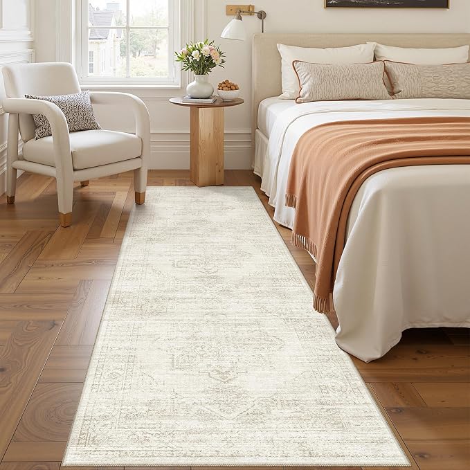 2'6 x 8' Runner Rug Non Slip,Washable Kitchen Rugs,Beige | Neutral Rugs for Kitchen,Entryway,Bedroom,Bathroom,Nursery Room,Thin,Soft Runner Rug,Stain Resistant Indoor Carpet