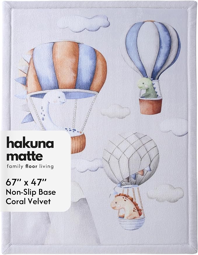 Hakuna Matte CloudSoft Baby Play Mat for Floor 47 x 67 Dinosaur Balloons | Coral Velvet high-density foam Rug for Crawling Cozy Play , Water-Resistant, Easy-Care Tummy Time Playmat for Playpen