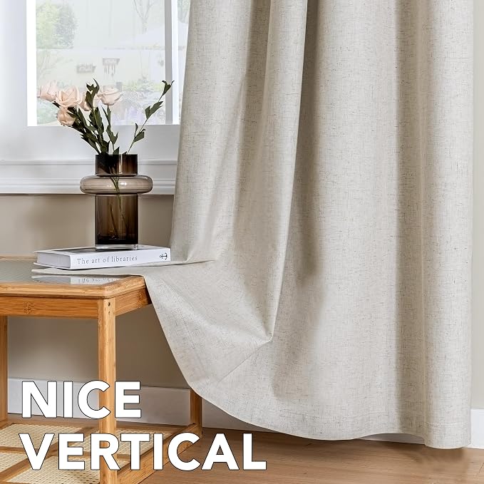 H.VERSAILTEX Linen Curtains 100% Blackout Curtains for Bedroom 45 inch Long Full Light Blocking Nature Linen Blended Window Curtains for Living Room Nickel Grommet (2 Panels, Heathered Linen)