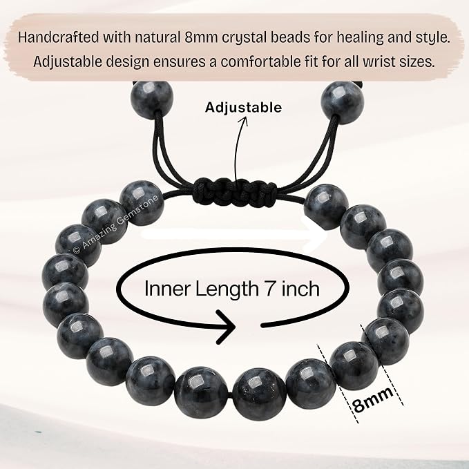 Amazing Gemstone Larvikite Bracelet for Women Men's Gifts - Protection Healing Crystal Bracelet - 8mm Gemstones Beaded Adjustable Bracelet Pulseras para Hombres Mujer Stocking Stuffers