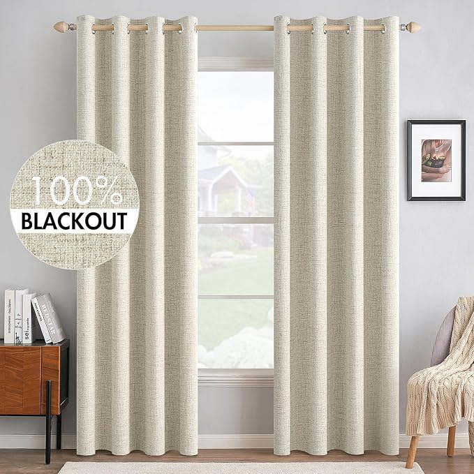 MIULEE 100% Blackout Linen Textured Curtains for Bedroom Solid Thermal Insulated Cream Grommet Room Darkening Curtains & Drapes Luxury Decor for Living Room 52 x 72 Inch (2 Panels)