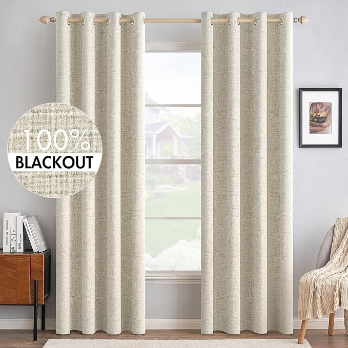 MIULEE 100% Blackout Linen Textured Curtains for Bedroom Solid Thermal Insulated Cream Grommet Room Darkening Curtains & Drapes Luxury Decor for Living Room 52 x 96 Inch (2 Panels)
