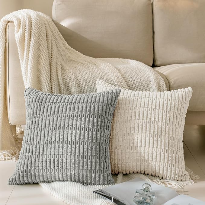 Softalker Throw Pillow Covers 16x16 Inch Set of 2, Solid Color Corduroy Soft Plush Decorative Square Cushion Covers for Couch Sofa, Summer Outdoor Rustic Farmhouse Boho Home Decor, Cream Beige