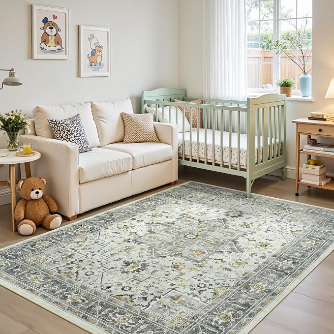 Boho Taupe 5x7 Living Room Rug - Modern Vintage Eclectic Floral Pastel Neutral Grey Carpet, Washable Low Pile Non-Slip Extra Large Area Rugs for Dining Under Table, Bedroom, Nursery, Lounge