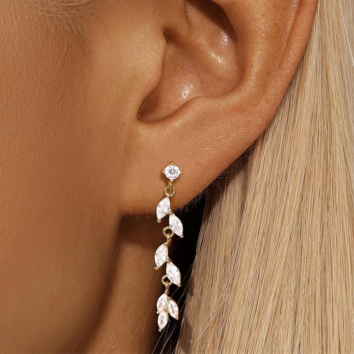 925 Sterling Silver Dainty Hard Wire Threader Dangle Earrings for Women 14k Gold Plated Tassel Threader Pull Through Long Half Hoop Earring Wedding Bridal Birthday Jewelry Gifts