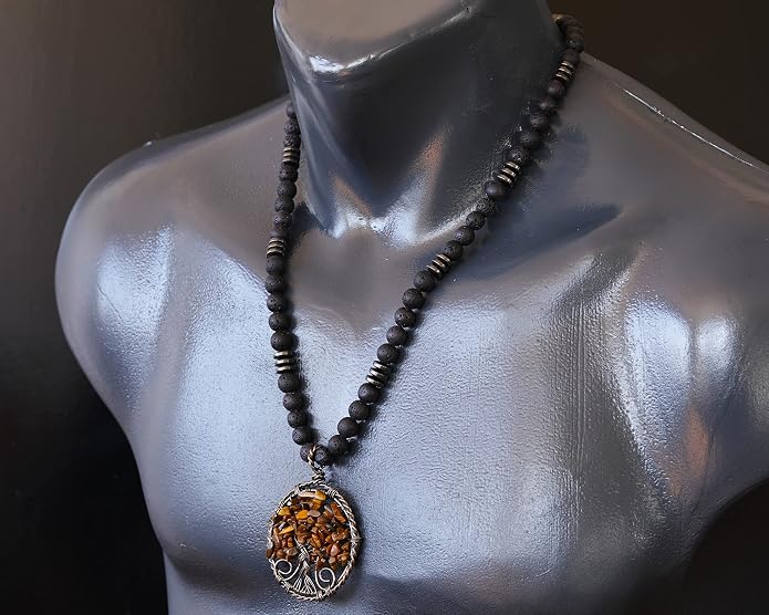 ElisaJewelryArt - Natural Labradorite Big Tree Of Life Black Lava Stone Beaded Necklace Genuine Gemstone Energy Stone Clasp Closure Necklace Unisex Necklace
