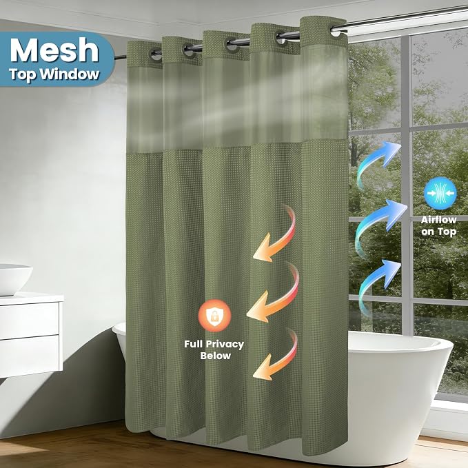 EUTXL Heavyweight Sage Green Hotel Shower Curtain - 256GSM Waffle Textured Heavy Duty Thick Fabric Shower Curtains for Bathroom,71W x 74H