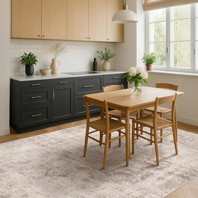 Hazo Haus Neutral Farmhouse Area Rug for Bedroom - 6x9 Washable Rug for Dining Room Table, Ultra-Thin Soft Textured Boho Indoor Decor, Fade & Stain Resistant