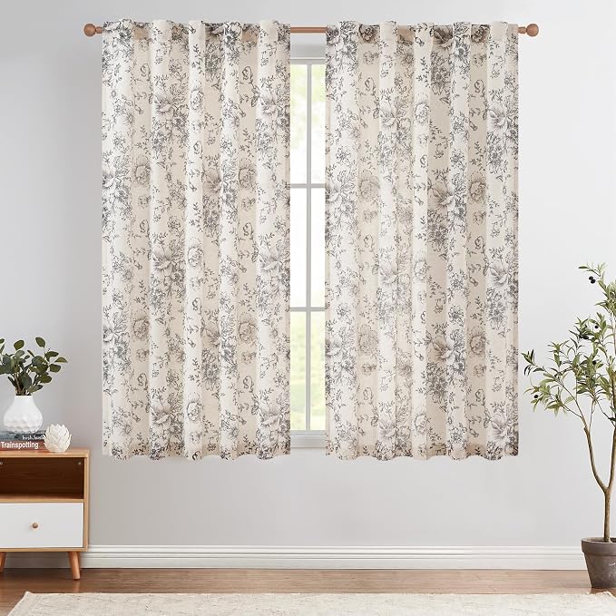 jinchan Black Floral Linen Curtains 63 Inch Vintage Back Tab 2 Panels | Light filtering drapes, semi sheer, farmhouse, cottagecore, rustic, living room, bedroom, rod pocket, window treatment