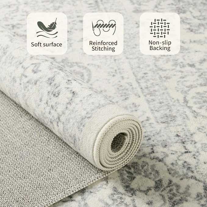 Rugxara 5X7 Washable Area Rug for Living Room, Neutral Vintage Large Boho Rugs for Office, Dining Room, Kids Room, Farmhouse, Durable Low Pile Non Slip Carpet for High Traffic Areas, Light Grey