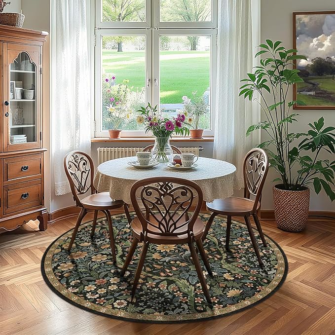 Round Rug 5ft Black Brown Washable Floral Circle Rug,Vintage Boho Botanical Round Area Rugs, Non-Slip Soft Low-Pile Circular Carpet for Bedroom,Kids Room,College Dorm,Home Decor