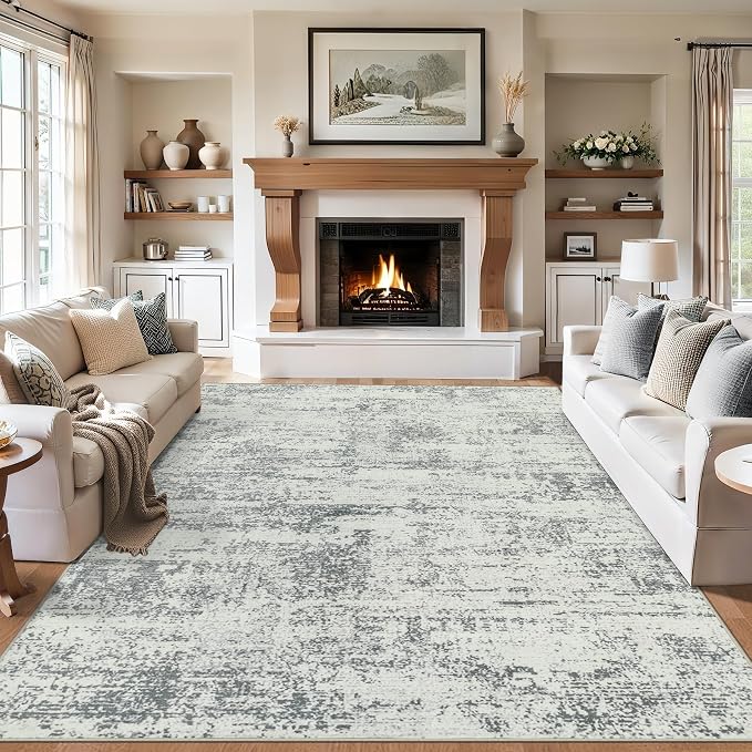 Area Rugs Living Room Rug - 4x6 Washable Modern Abstract Soft Neutral Non-Slip Carpet Large Indoor Floor Stain Resistant Thin Carpets for Bedroom Dining Room Farmhouse Nursery Home Office Grey