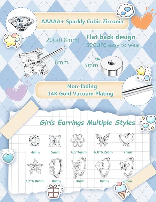 SAILIMUE Hypoallergenic Flat Back Earrings for Girls Women - Cute Toddler Kids Earrings Set Surgical Stainless Steel Earring for Sensitive Ears Small 14K Gold Plated Stud Hoop Earring Stacks