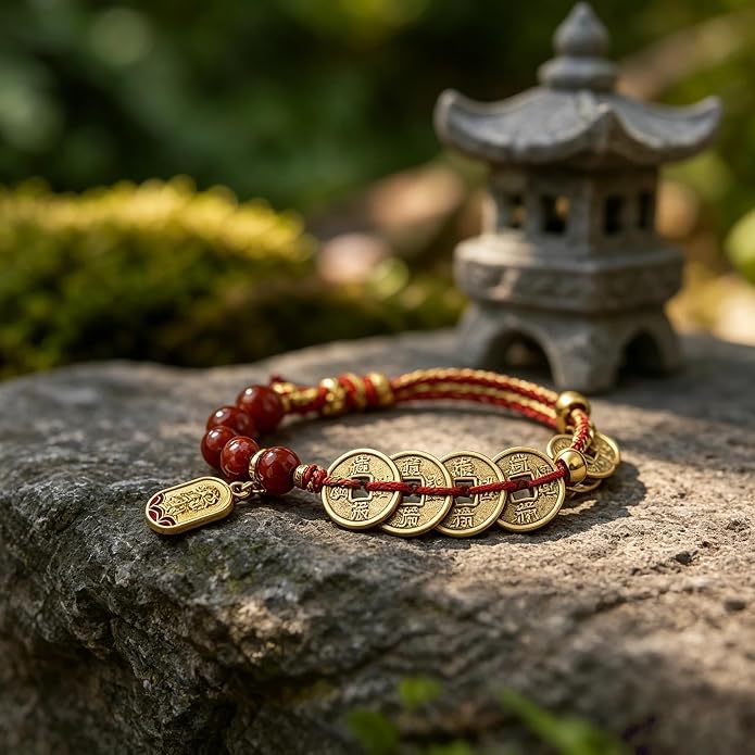 Feng Shui Bracelet for Wealth and Success – Genuine Cinnabar Beads with Five Emperor Coins Amulet – Spiritual Protection & Good Luck Jewelry – Adjustable Health & Prosperity Charm for Men and Women