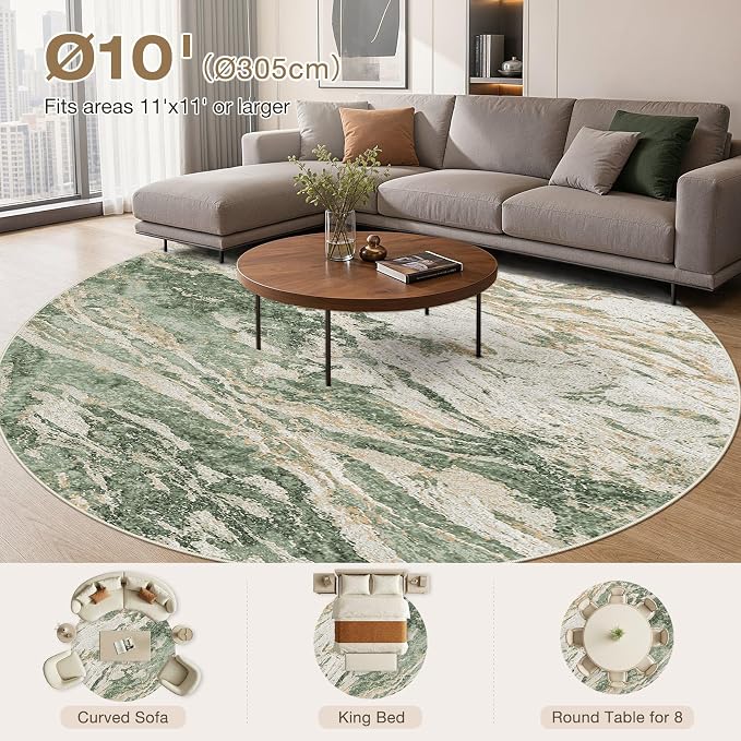 Area Rugs for Living Room: 10ft Round Abstract Washable Rug Modern Neutral Large Soft Stain Resistant Non-Slip for Bedroom Dining Room Indoor Home Office Carpet - Green Brown