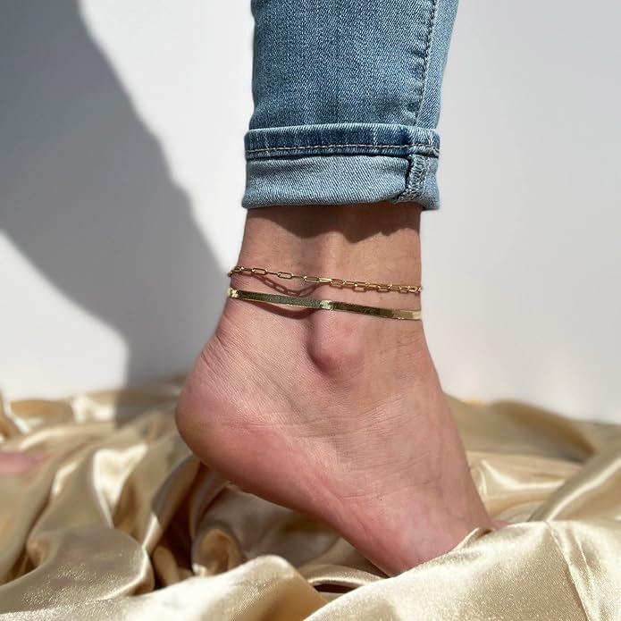 DEARMAY Gold Anklets for Women Waterproof, Non Tarnish14K Gold Plated Ankle Bracelets Set Stack, Summer Beach Jewelry Gifts for Vacation, Bikini Outfits for Women Mom Her