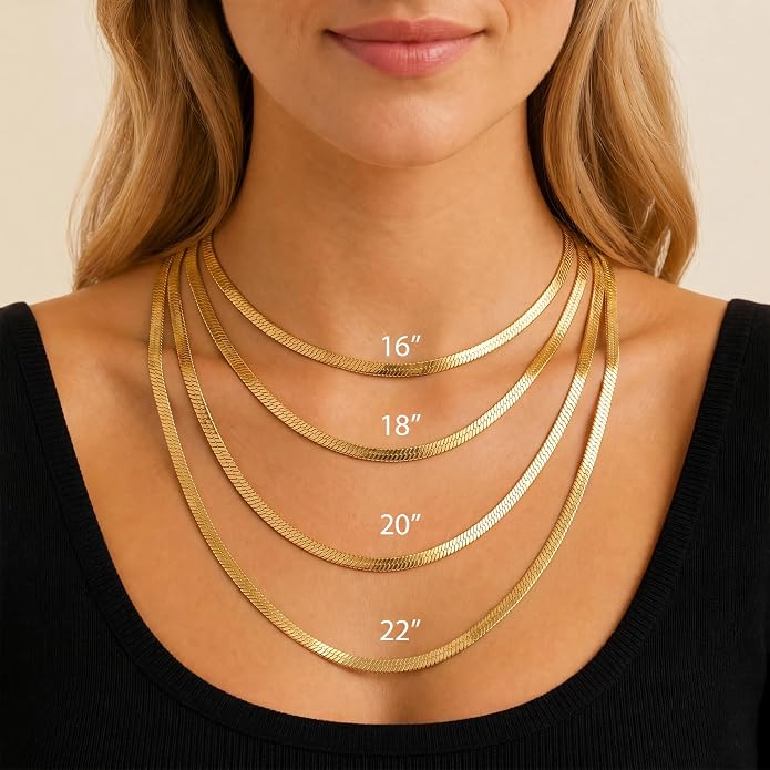 14K Gold/Silver Plated Stainless Steel Herringbone Necklace for Women, Dainty Snake Chain Choker, Trendy Simple Long Layered Jewelry, Non Tarnish 4mm Flexible Flat Necklace, Made in Italy