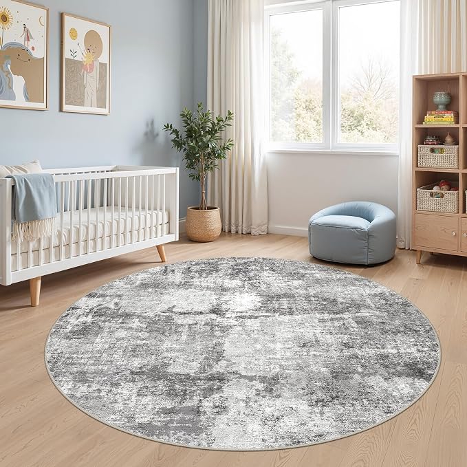 DMOYEST 6ft Round Area Rug for Living Room - 6x6 Washable & Non Slip Circle Rug, Kid & Pet Friendly Soft Low Pile Abstract Carpet for Bedroom and Dining Room - Grey