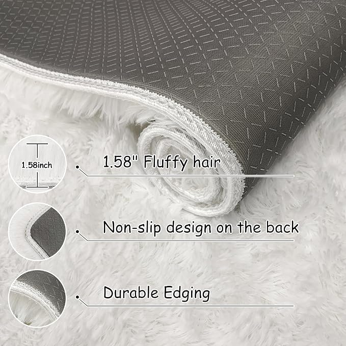 White Fluffy Runner Rugs for Bedroom Living Room Soft Shag Rug 2x8 Feet Plush Carpet Non Slip for Nursery Dorm, Fuzzy Bedside Rug Hallway for Kids Boys Girls Room Home Decor