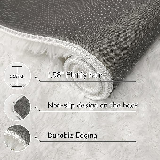 2x10 Feet White Soft Runner Rug for Bedroom Bedside, Fluffy Washable Long Runner Carpet for Hallway, Entryway, Dorm, Cute Furry Area Rug for Kids Girls Room, Nursery, Playroom, Home Decor